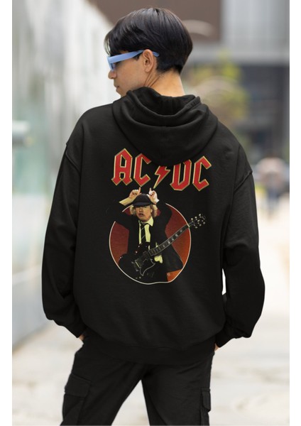 Unisex Ac-Dc Gitarist Sırt Baskılı Kapüşonlu Sweatshirt, Oversize Rock Band Baskılı Hoodie