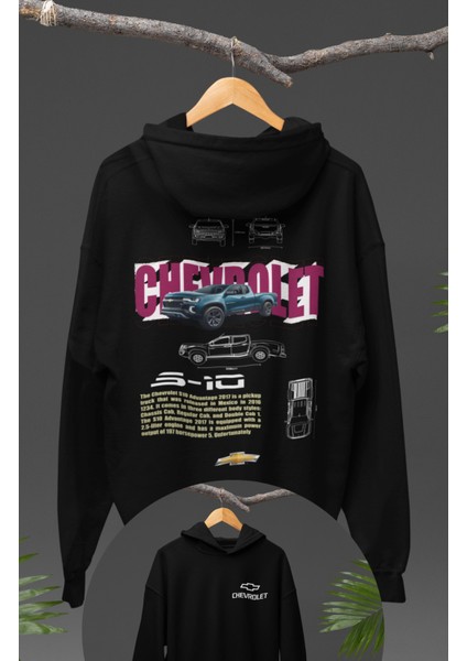 Oversize S-10 Sırt Baskılı Kapüşonlu Sweatshirt, Unisex Klasik Araba Temalı Hoodie