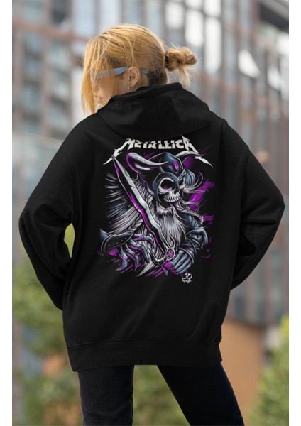 Unisex Metallica Kılıçlı Iskelet Sırt Baskılı Kapüşonlu Sweatshirt, Oversize Rock Band Baskılı Hoodie modelleri