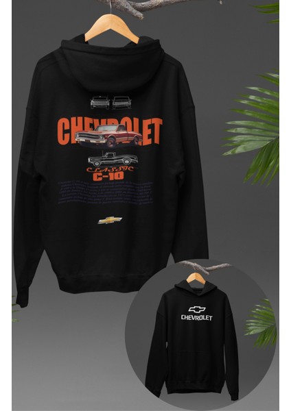 Oversize C-10 Sırt Baskılı Kapüşonlu Sweatshirt, Unisex Classic Araba Temalı Hoodie