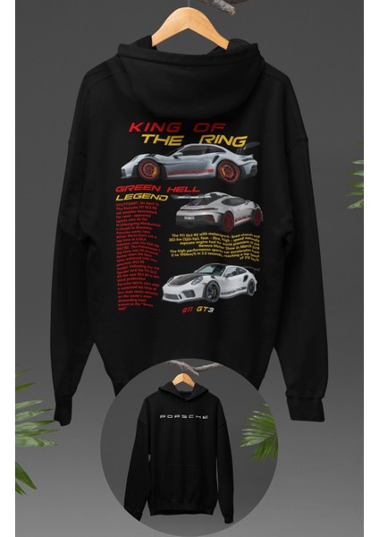 Oversize King Of The Ring Sırt Baskılı Kapüşonlu Sweatshirt, Unisex Porsche Araba Temalı Hoodie