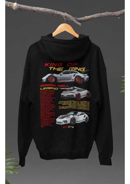 Oversize King Of The Ring Sırt Baskılı Kapüşonlu Sweatshirt, Unisex Porsche Araba Temalı Hoodie