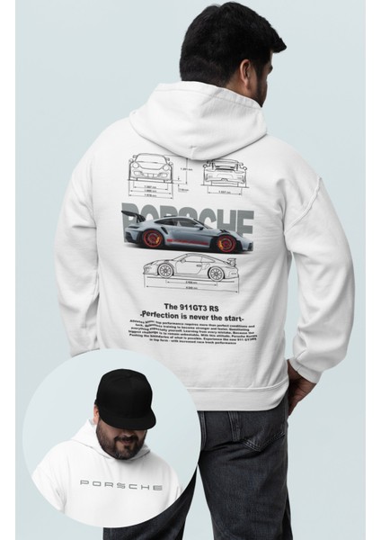 Oversize Gri Porsche 911 Gt3 Rs Sırt Baskılı Kapüşonlu Sweatshirt, Unisex Yarış Araba Temalı Hoodie