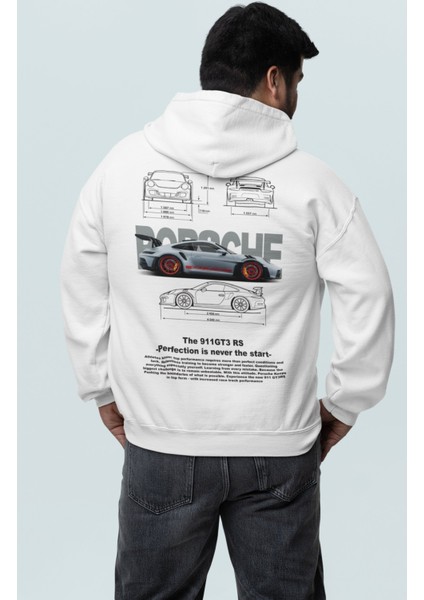 Oversize Gri Porsche 911 Gt3 Rs Sırt Baskılı Kapüşonlu Sweatshirt, Unisex Yarış Araba Temalı Hoodie modelleri