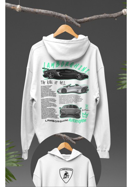 Oversize Lamborghini Sırt Baskılı Kapüşonlu Sweatshirt, Unisex Yarış Araba Temalı Hoodie