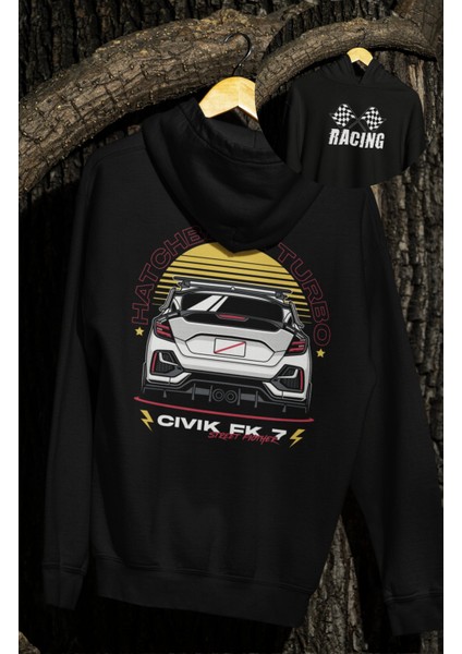 Oversize Civic Fk7 Sırt Baskılı Kapüşonlu Sweatshirt, Unisex Yarış Araba Temalı Hoodie