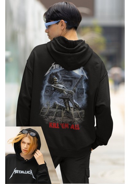 Unisex Metallica Skull Gitarist Sırt Baskılı Kapüşonlu Sweatshirt, Oversize Rock Band Baskılı Hoodie