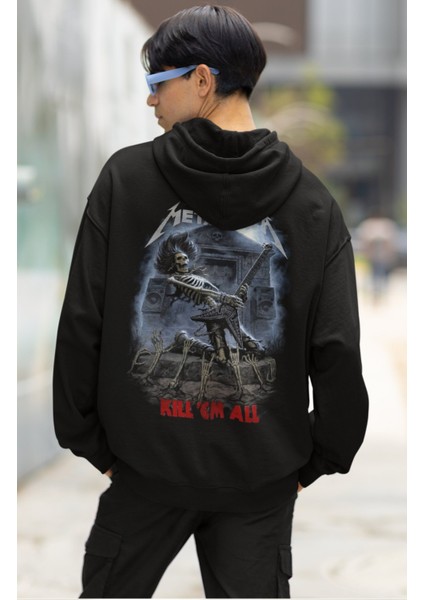 Unisex Metallica Skull Gitarist Sırt Baskılı Kapüşonlu Sweatshirt, Oversize Rock Band Baskılı Hoodie modelleri