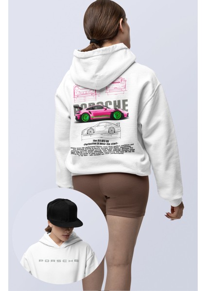 Oversize Pembe Porsche 911 Gt3 Sırt Baskılı Kapüşonlu Sweatshirt, Unisex Yarış Araba Temalı Hoodie