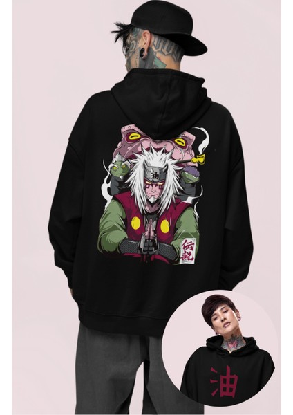 Oversize Jiraiya Sırt Baskılı Kapüşonlu Sweatshirt, Unisex Naruto Anime Baskılı Hoodie