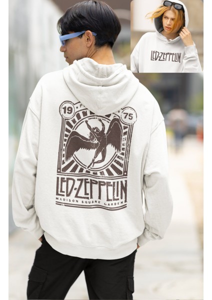 Unisex Vintage LED Zeppelin Sırt Baskılı Kapüşonlu Sweatshirt, Oversize Rock Band Baskılı Hoodie