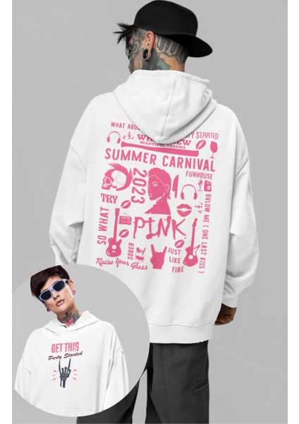 Unisex Get This Part Started Sırt Baskılı Kapüşonlu Sweatshirt, Oversize Pink Baskılı Hoodie