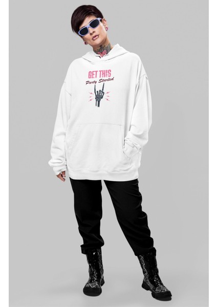 Unisex Get This Part Started Sırt Baskılı Kapüşonlu Sweatshirt, Oversize Pink Baskılı Hoodie
