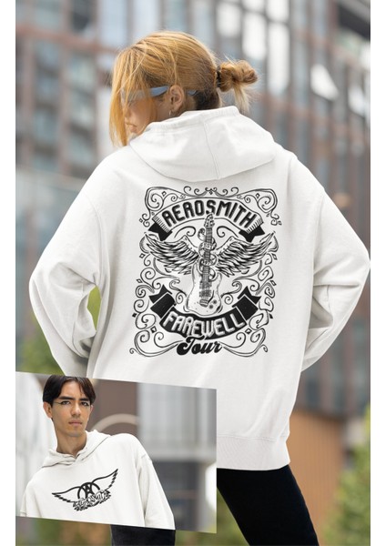 Unisex Aerosmith Tour Sırt Baskılı Kapüşonlu Sweatshirt, Oversize Rock Band Baskılı Hoodie