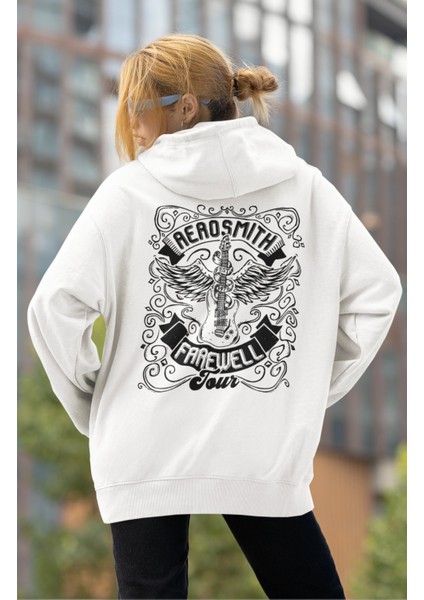 Unisex Aerosmith Tour Sırt Baskılı Kapüşonlu Sweatshirt, Oversize Rock Band Baskılı Hoodie