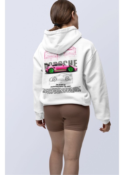 Oversize Pembe Porsche 911 Gt3 Sırt Baskılı Kapüşonlu Sweatshirt, Unisex Yarış Araba Temalı Hoodie