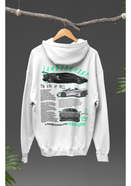 Oversize Lamborghini Sırt Baskılı Kapüşonlu Sweatshirt, Unisex Yarış Araba Temalı Hoodie