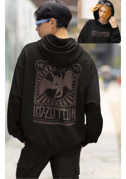 Unisex Vintage LED Zeppelin Sırt Baskılı Kapüşonlu Sweatshirt, Oversize Rock Band Baskılı Hoodie