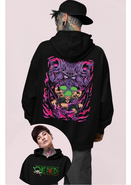 Oversize Roronoa Zoro Sırt Baskılı Kapüşonlu Sweatshirt, Unisex One Piece Anime Baskılı Hoodie