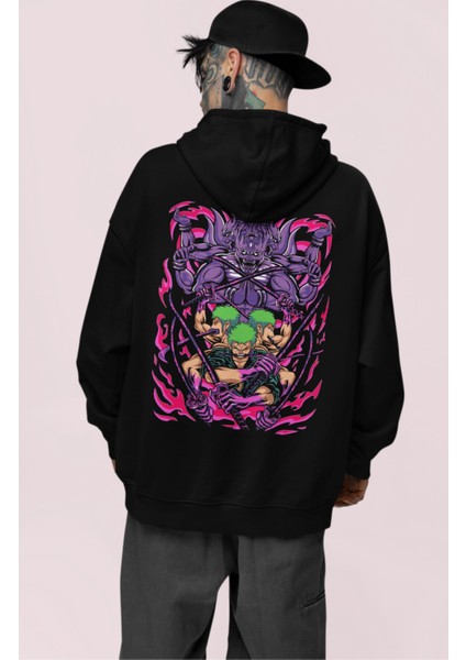Oversize Roronoa Zoro Sırt Baskılı Kapüşonlu Sweatshirt, Unisex One Piece Anime Baskılı Hoodie