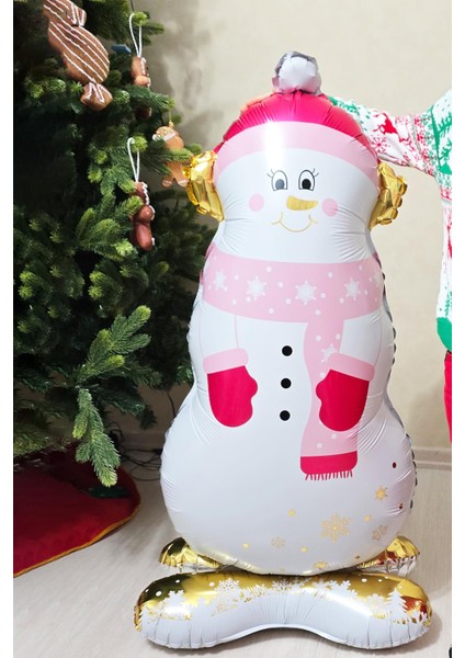 Pembe Gold Detaylı Kardan Adam Folyo Balon Ayaklı Sevimli Kardan Adam Balon 120cm