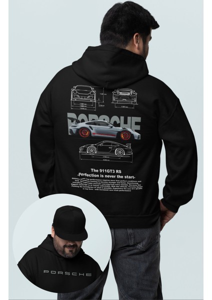 Oversize Gri Porsche 911 Gt3 Rs Sırt Baskılı Kapüşonlu Sweatshirt, Unisex Yarış Araba Temalı Hoodie