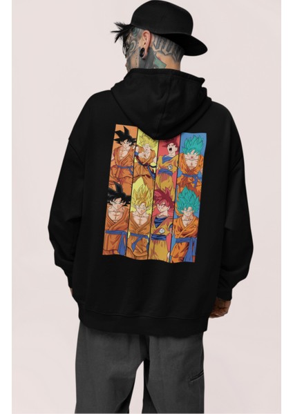 Oversize Dragon Ball Z Characters Sırt Baskılı Kapüşonlu Sweatshirt, Unisex Anime Baskılı Hoodie