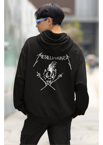 Unisex Funny Metallica Sırt Baskılı Kapüşonlu Sweatshirt, Oversize Rock Metal Müzik Baskılı Hoodie