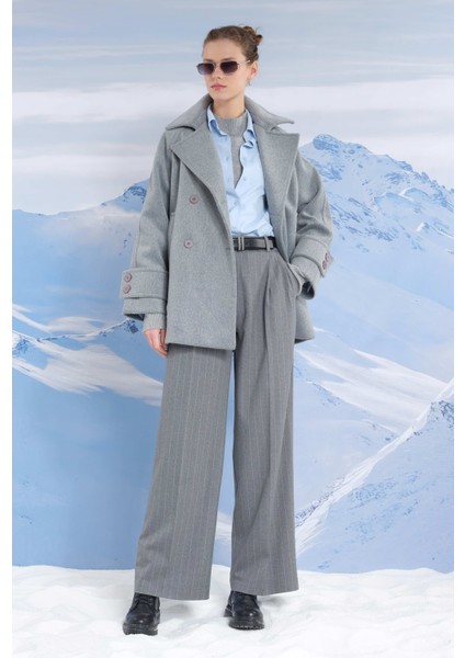 Kısa Kruvaze Kaban Gri Melanj