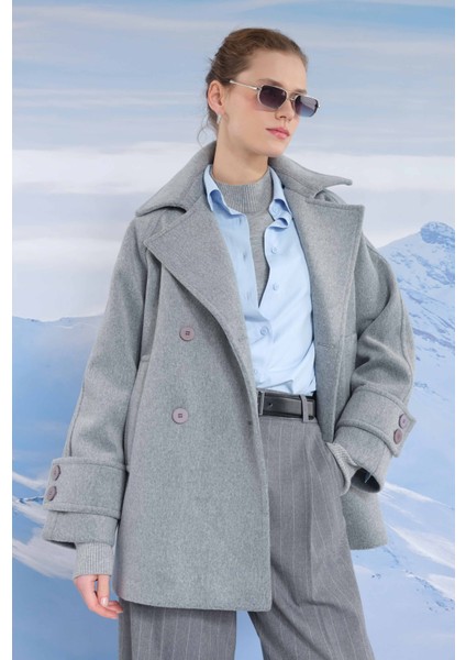 Kısa Kruvaze Kaban Gri Melanj