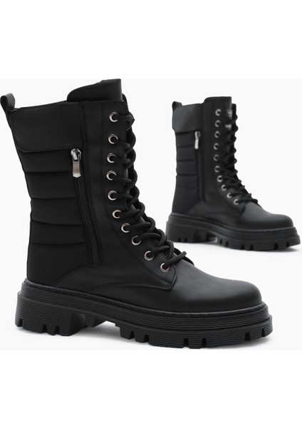 Kadın Siyah Cilt Termo Taban Nakışlı Dilim Desenli Cırtlı Bağcıklı ve Fermuarlı Bot