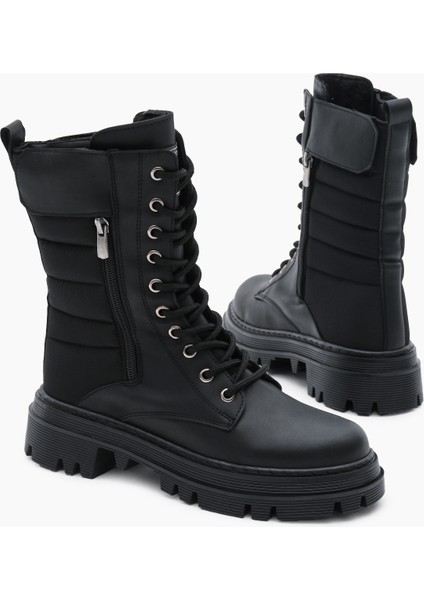 Kadın Siyah Cilt Termo Taban Nakışlı Dilim Desenli Cırtlı Bağcıklı ve Fermuarlı Bot modelleri