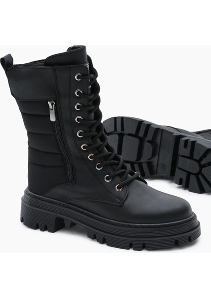 Kadın Siyah Cilt Termo Taban Nakışlı Dilim Desenli Cırtlı Bağcıklı ve Fermuarlı Bot fırsatları