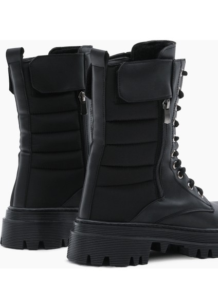 Kadın Siyah Cilt Termo Taban Nakışlı Dilim Desenli Cırtlı Bağcıklı ve Fermuarlı Bot indirimleri