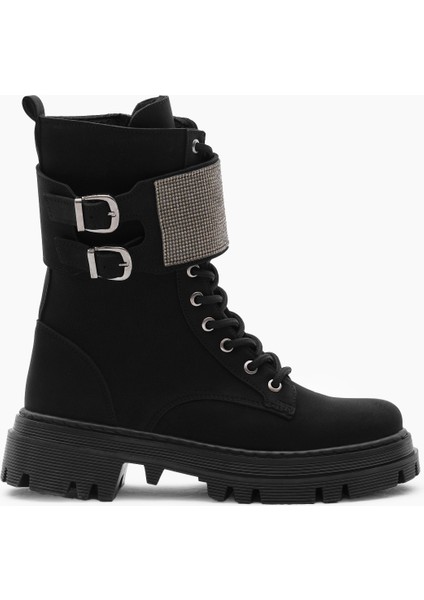 Kadın Siyah Mat Termo Taban Yanı Çift Tokalı Taşlı Bağcıklı ve Fermuarlı Bot fiyatları