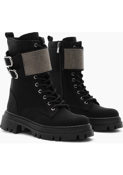 Kadın Siyah Mat Termo Taban Yanı Çift Tokalı Taşlı Bağcıklı ve Fermuarlı Bot modelleri