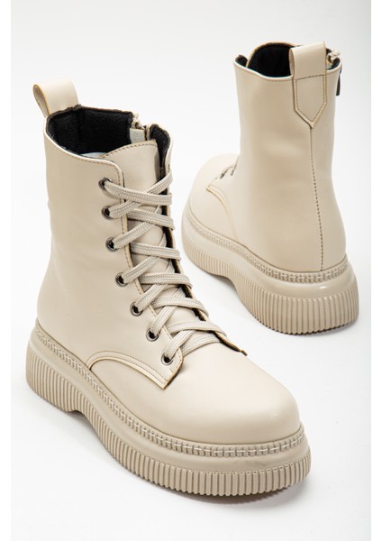 Kadın Bej Cilt Kalın Termo Taban Bağcklı ve Fermuarlı Bot fiyatları