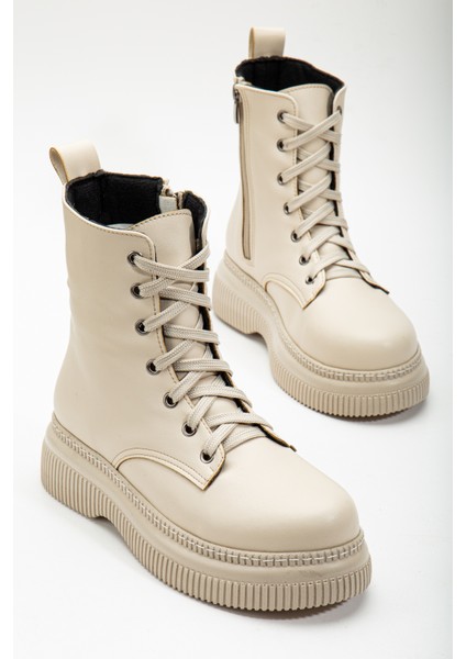 Kadın Bej Cilt Kalın Termo Taban Bağcklı ve Fermuarlı Bot modelleri