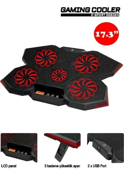 Gp5 E-Sport Desing 5 Fanlı Ledli LCD Kontrol Panelli Pro Standlı 15-17" Uyumlu Notebook Soğutucu