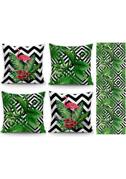 Yapraklı ve Flamingo Temalı 4lü Kombin Kırlent Kılıfı+Runner