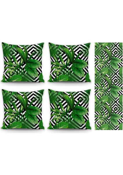Tropikal Yaprak Desenli 4lü Kombin Kırlent Kılıfı+Runner