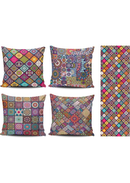 Etnik Desenli 4lü Kombin Kırlent Kılıfı+Runner