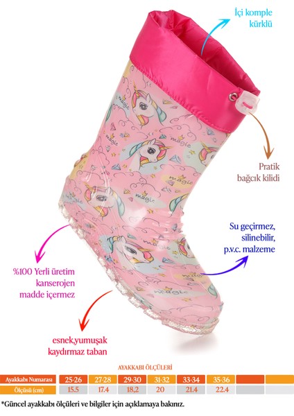 Unicorn Su Geçirmez Kız Çocuk Yağmur Çizmesi Pembe - Turkuaz