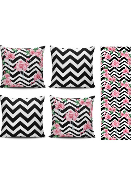 Flamingo Desenli 4lü Kombin Kırlent Kılıfı+Runner