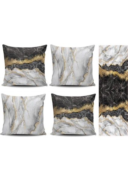 Mermer Desenli 4lü Kombin Kırlent Kılıfı+Runner