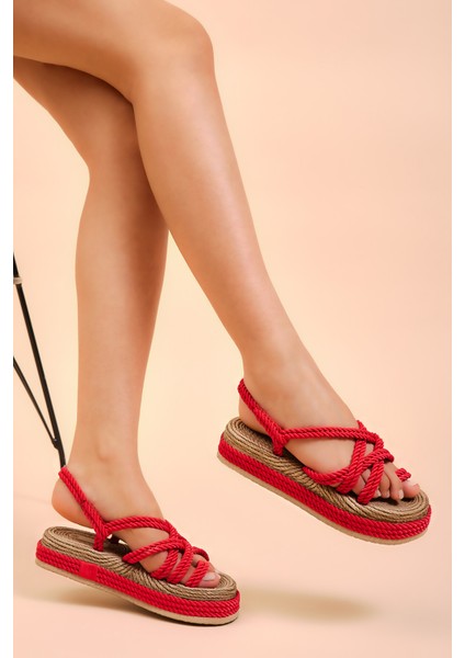 Kadın Kırmızı Rahat Kalıp Çapraz Bantlı Yüksek Taban Parmak Arası Halat Sandalet