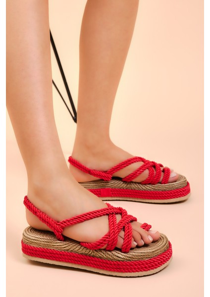 Kadın Kırmızı Rahat Kalıp Çapraz Bantlı Yüksek Taban Parmak Arası Halat Sandalet fiyatları