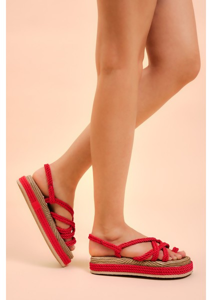 Kadın Kırmızı Rahat Kalıp Çapraz Bantlı Yüksek Taban Parmak Arası Halat Sandalet modelleri