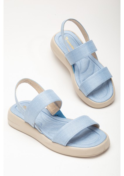 Kadın Bebe Mavisi Keten Rahat Kalıp Poli Taban Çift Bantlı Sandalet