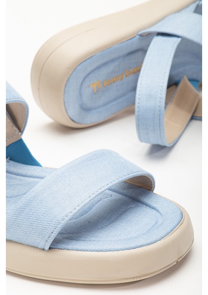 Kadın Bebe Mavisi Keten Rahat Kalıp Poli Taban Çift Bantlı Sandalet modelleri